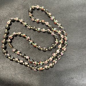 Cloisonné hand painted black with pink g flowers long necklace